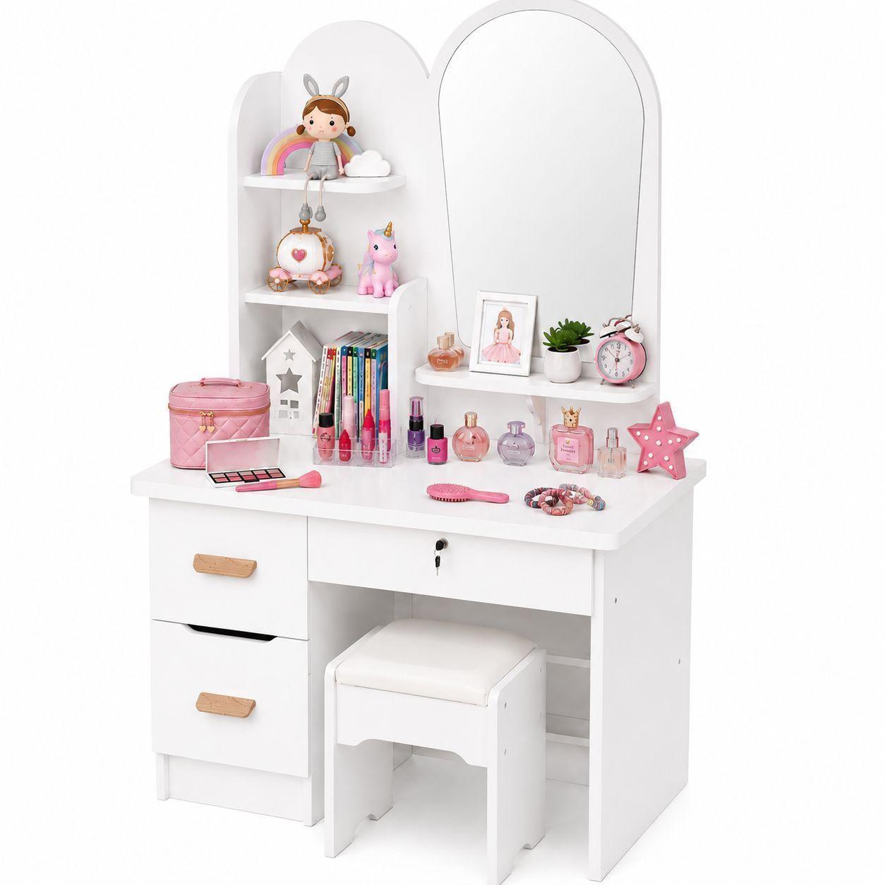 Tocador Infantil con Espejo y Taburete Moderno con Cajones y Organizador Vanity Infantil-0