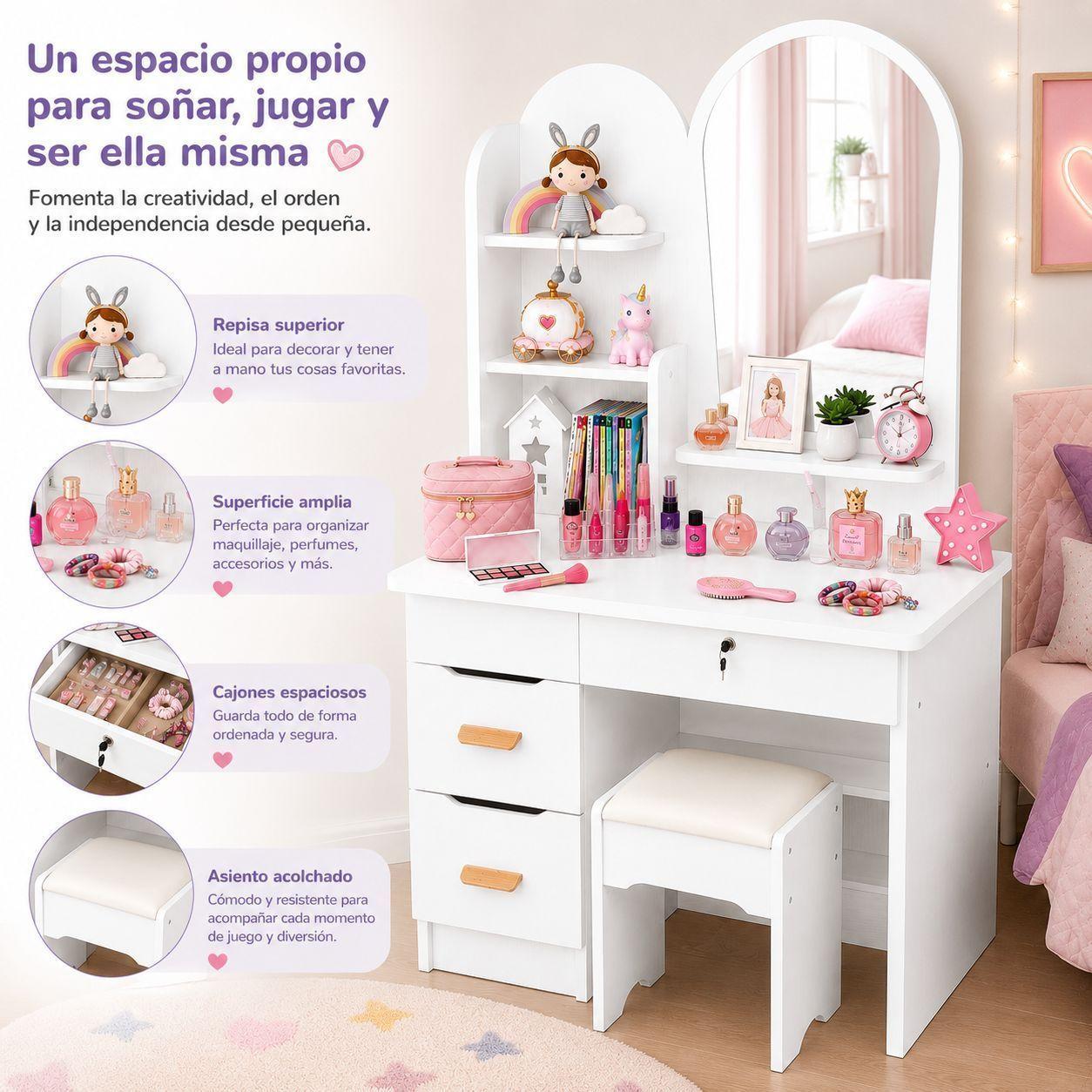 Tocador Infantil con Espejo y Taburete Moderno con Cajones y Organizador Vanity Infantil-1