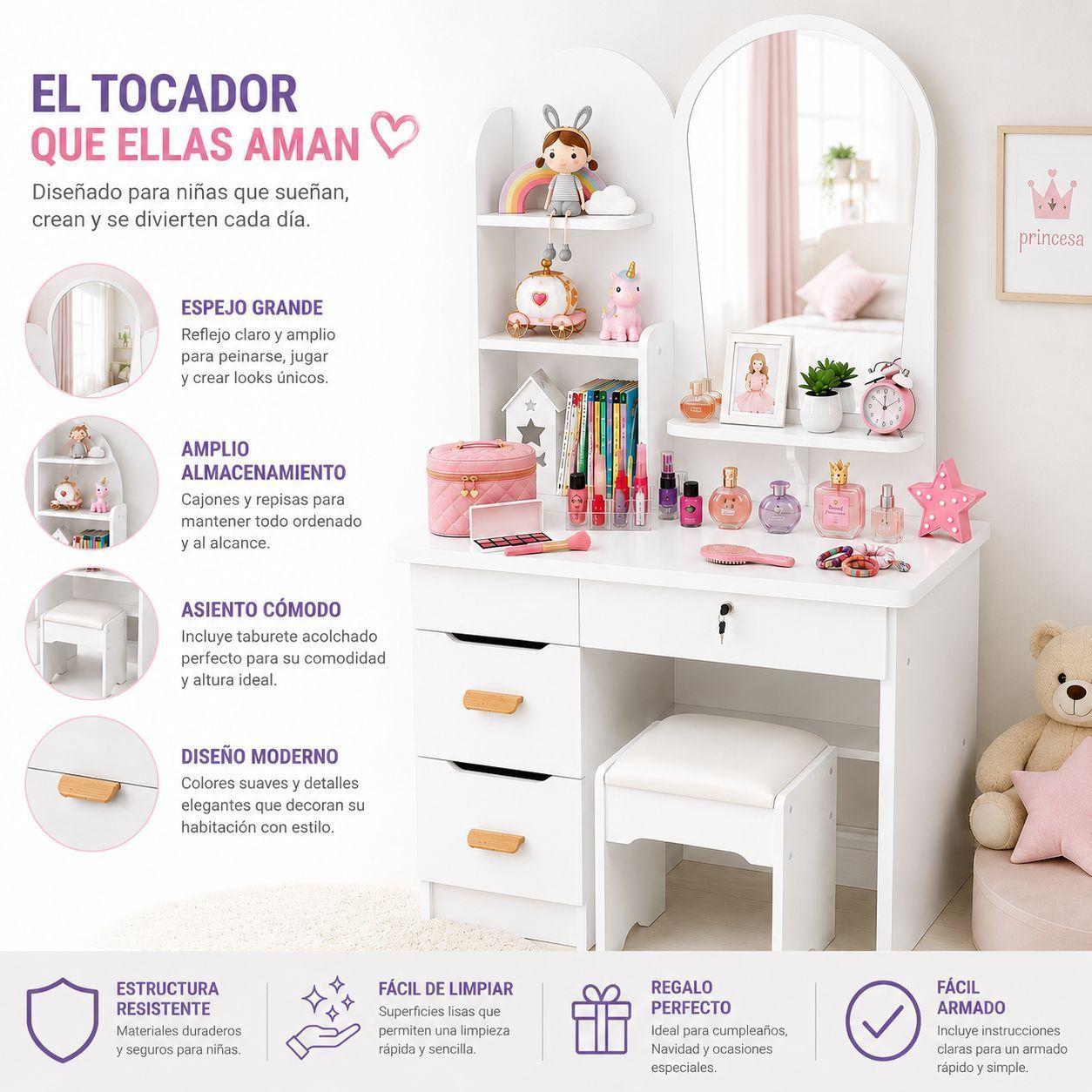 Tocador Infantil con Espejo y Taburete Moderno con Cajones y Organizador Vanity Infantil-2