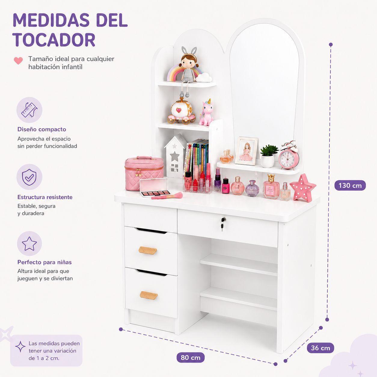 Tocador Infantil con Espejo y Taburete Moderno con Cajones y Organizador Vanity Infantil-3