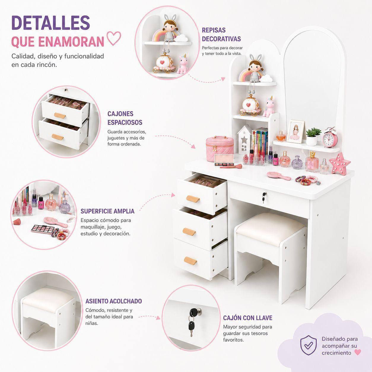 Tocador Infantil con Espejo y Taburete Moderno con Cajones y Organizador Vanity Infantil-4