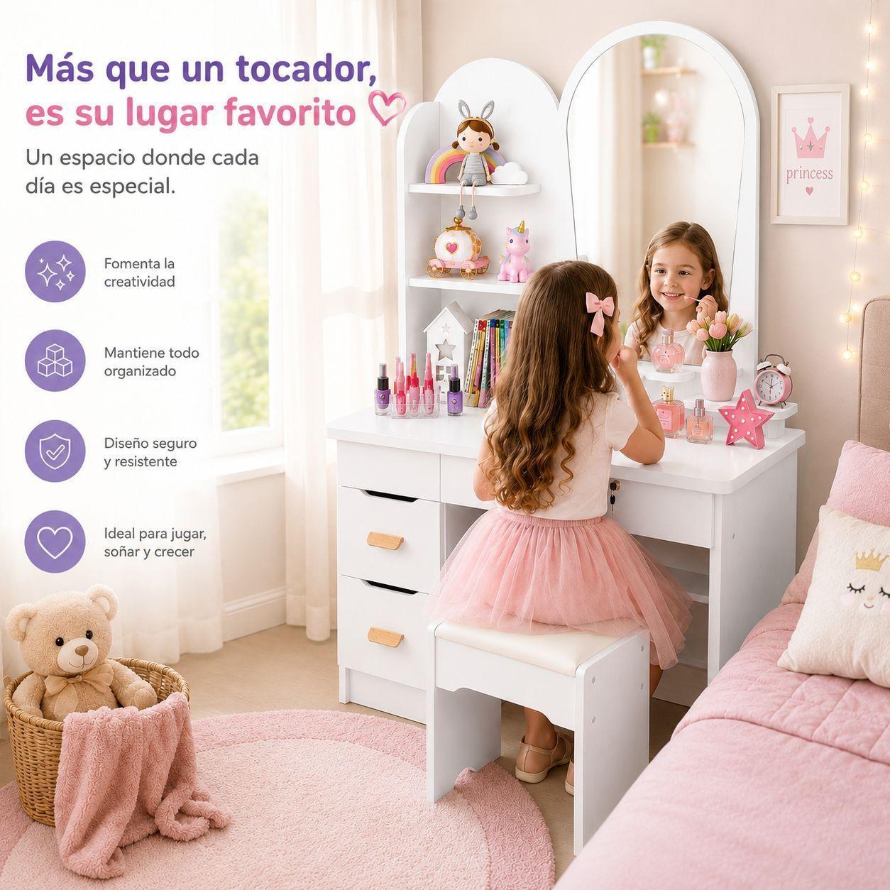 Tocador Infantil con Espejo y Taburete Moderno con Cajones y Organizador Vanity Infantil-5