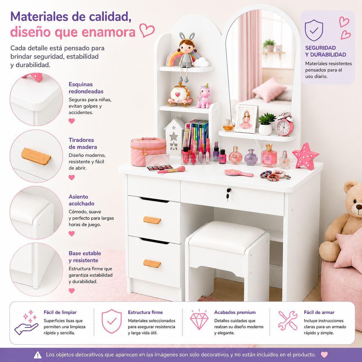 Tocador Infantil con Espejo y Taburete Moderno con Cajones y Organizador Vanity Infantil-6