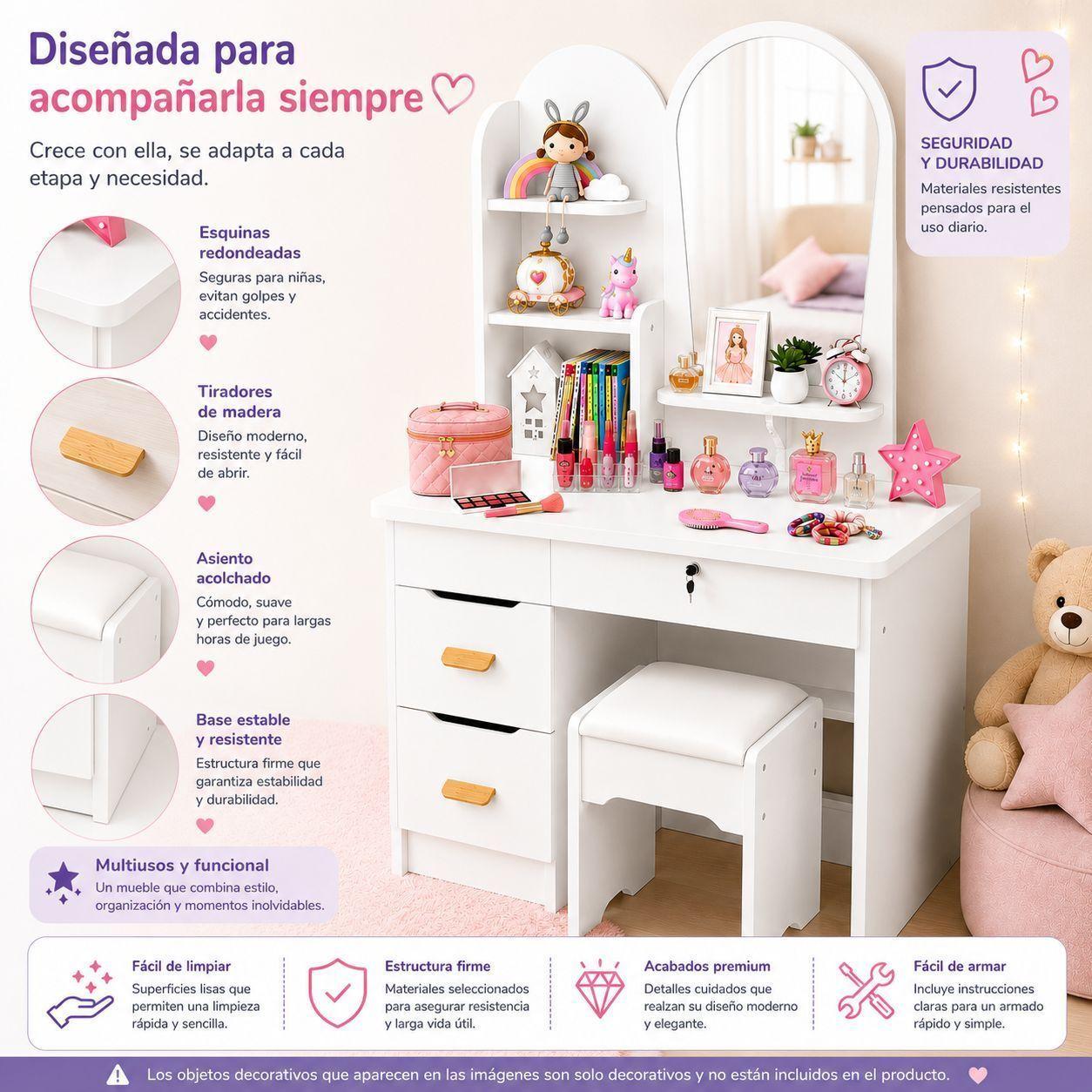 Tocador Infantil con Espejo y Taburete Moderno con Cajones y Organizador Vanity Infantil-7