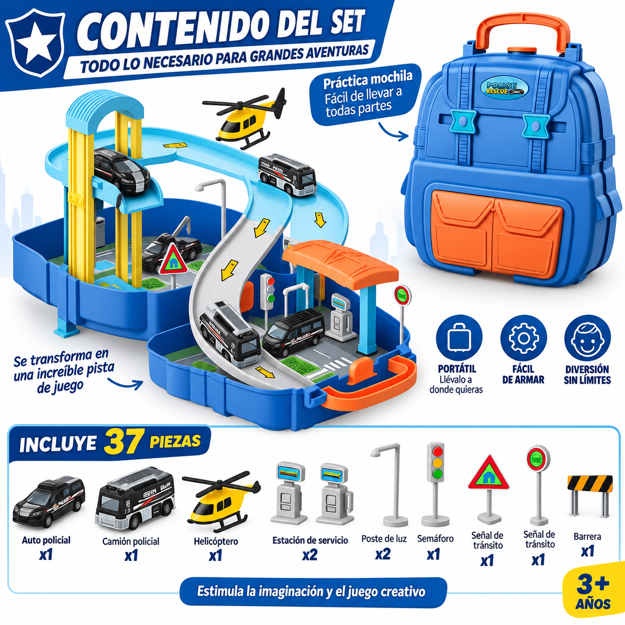 Pista de autos de  policia 2 en 1 mochila 37 piezas con autos y helicóptero-2