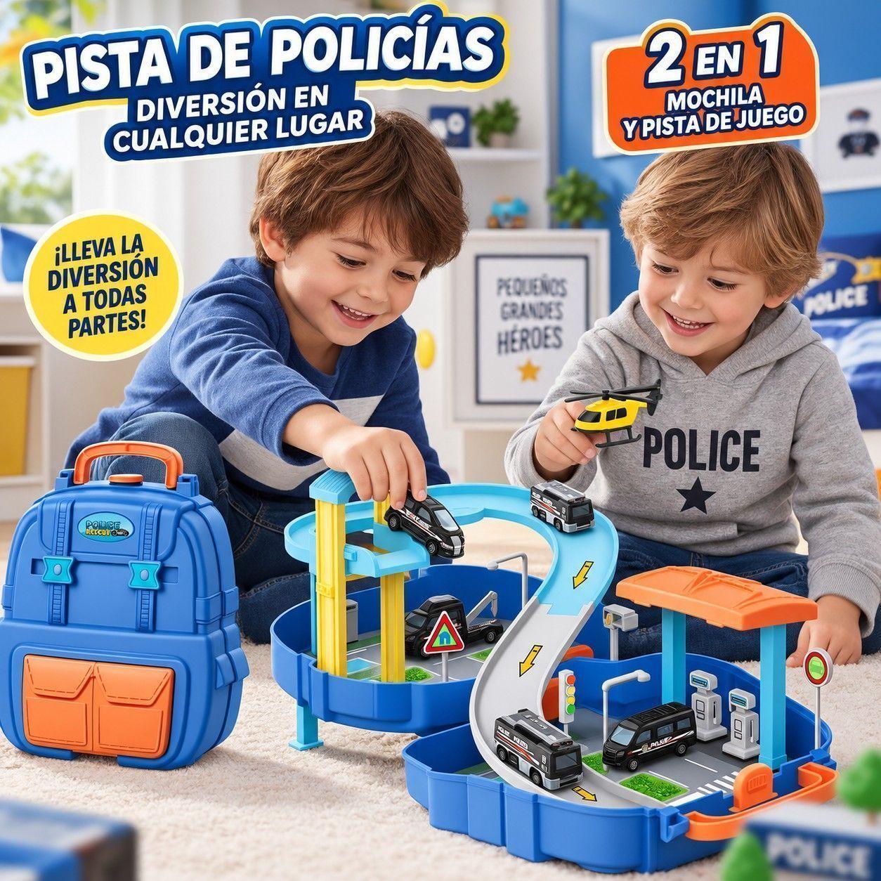 Pista de autos de  policia 2 en 1 mochila 37 piezas con autos y helicóptero-1