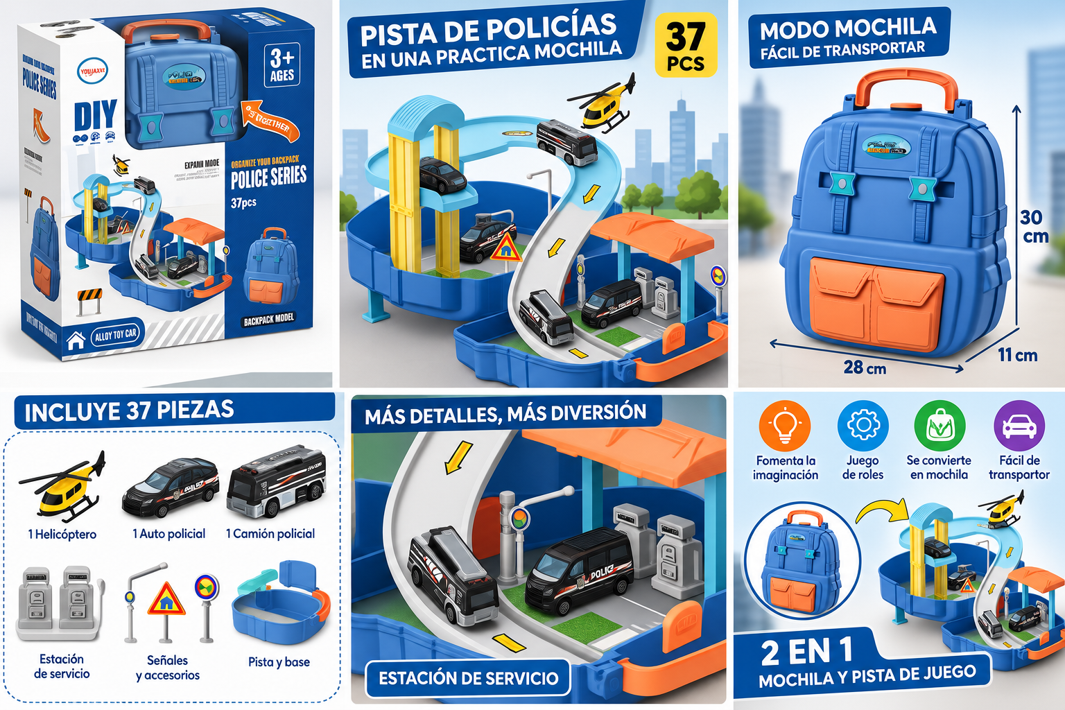 Pista de autos de  policia 2 en 1 mochila 37 piezas con autos y helicóptero-3