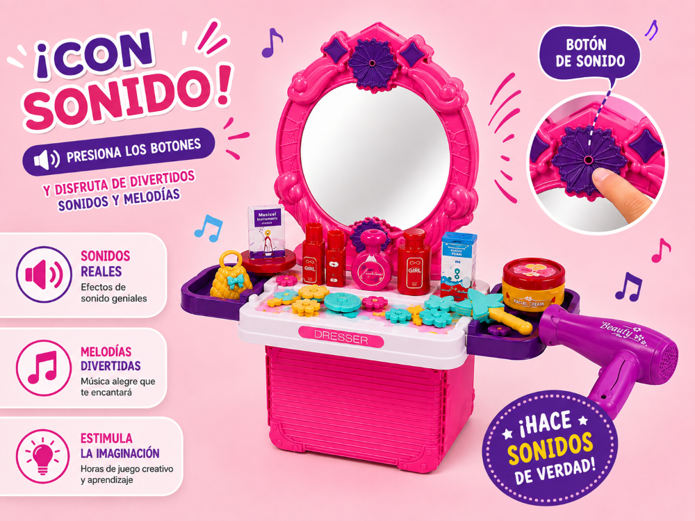 Tocador Infantil de Belleza 2 en 1 con Espejo Sonido-3