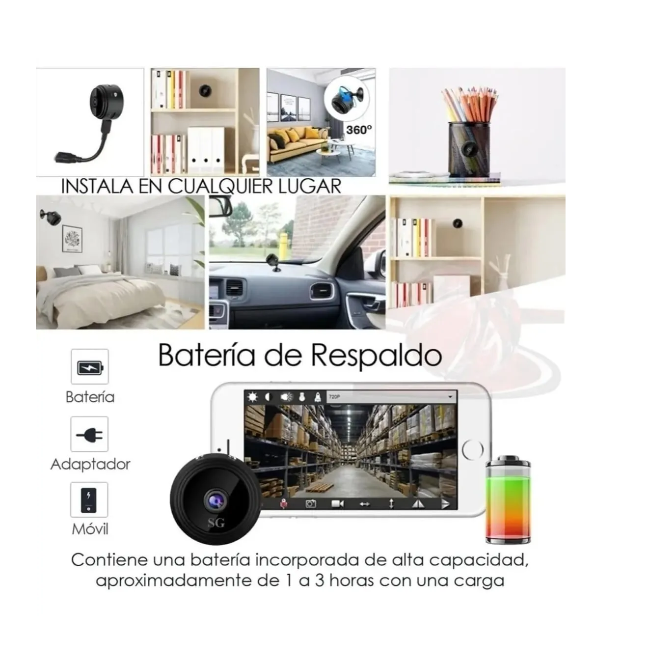 Mini Cámara Espia 1080P A9 wifi vision nocturna, 1080 P-3