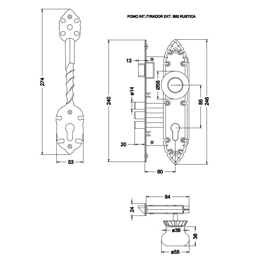 Cerradura Embutida Rústica Poli B60 PomoTirador acceso 1/2-4