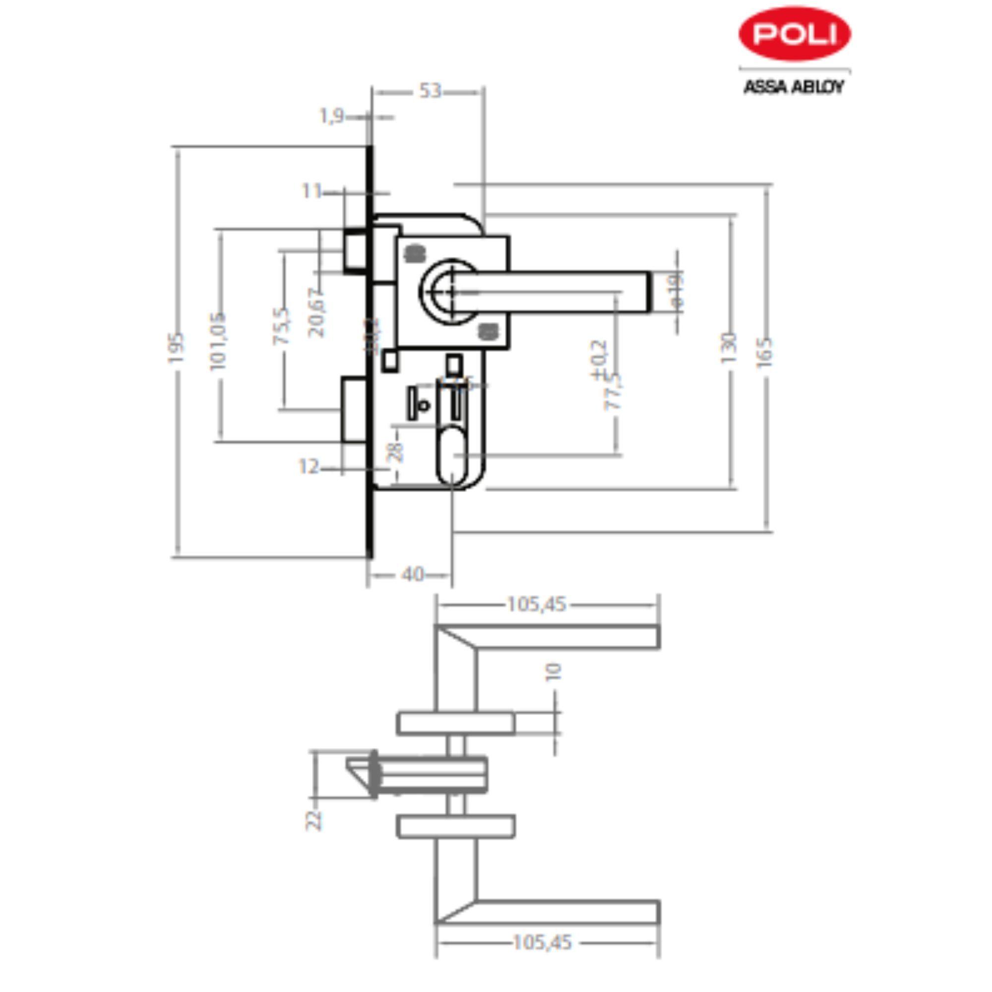Cerradura Embutida Piano Poli B40 Baño Perilla/Ranura-5