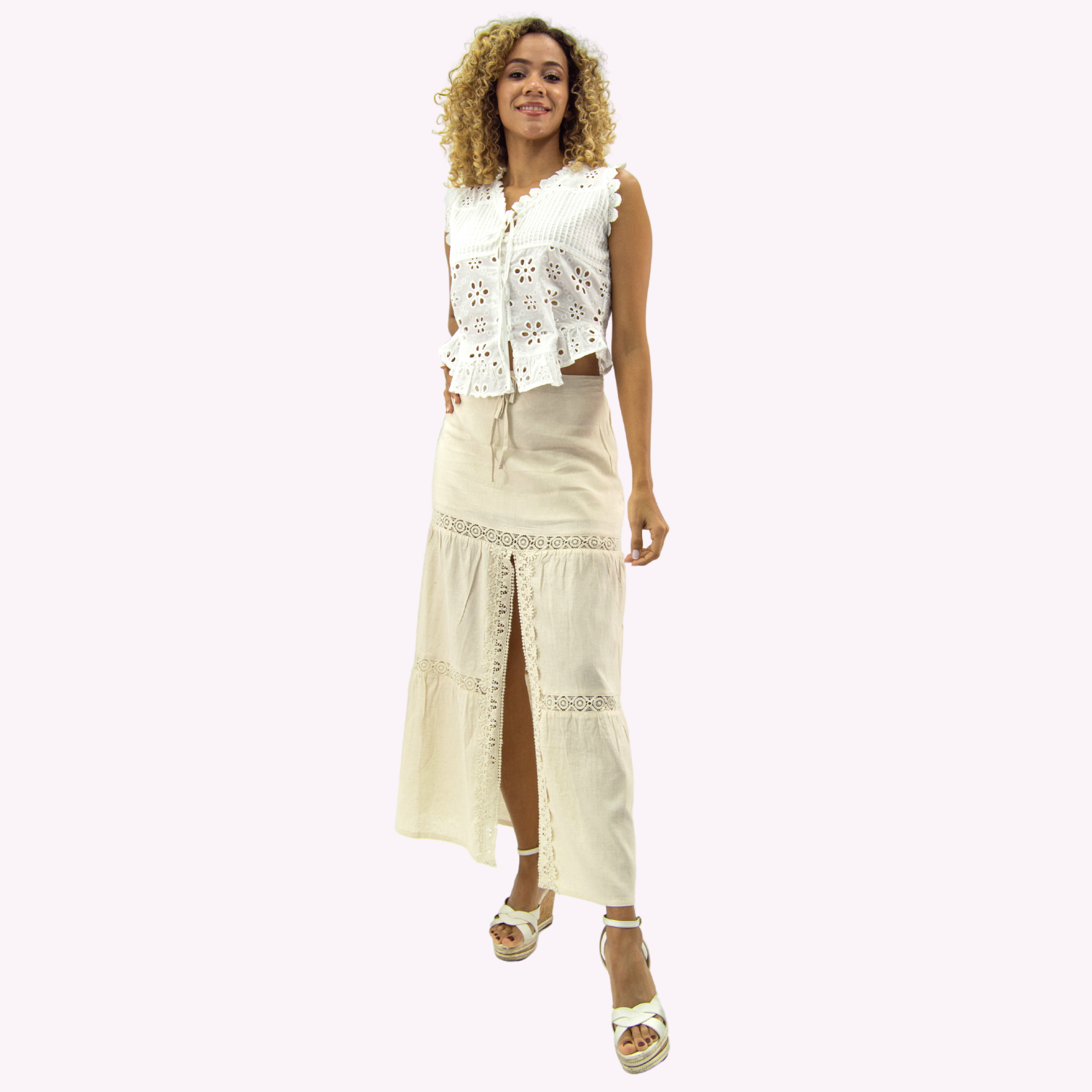 Falda Lino Broderie Beige-0