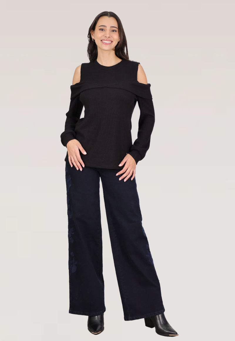 WIDE LEG BORDADO LATERAL T.ALTO Black blue-0