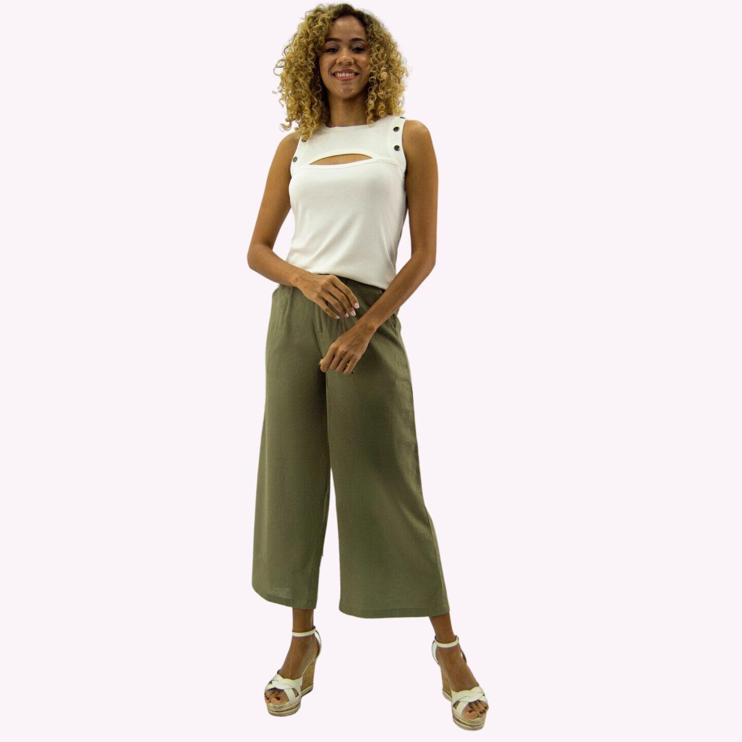 Pantalon Cropped Palazzo Lino Verde-0