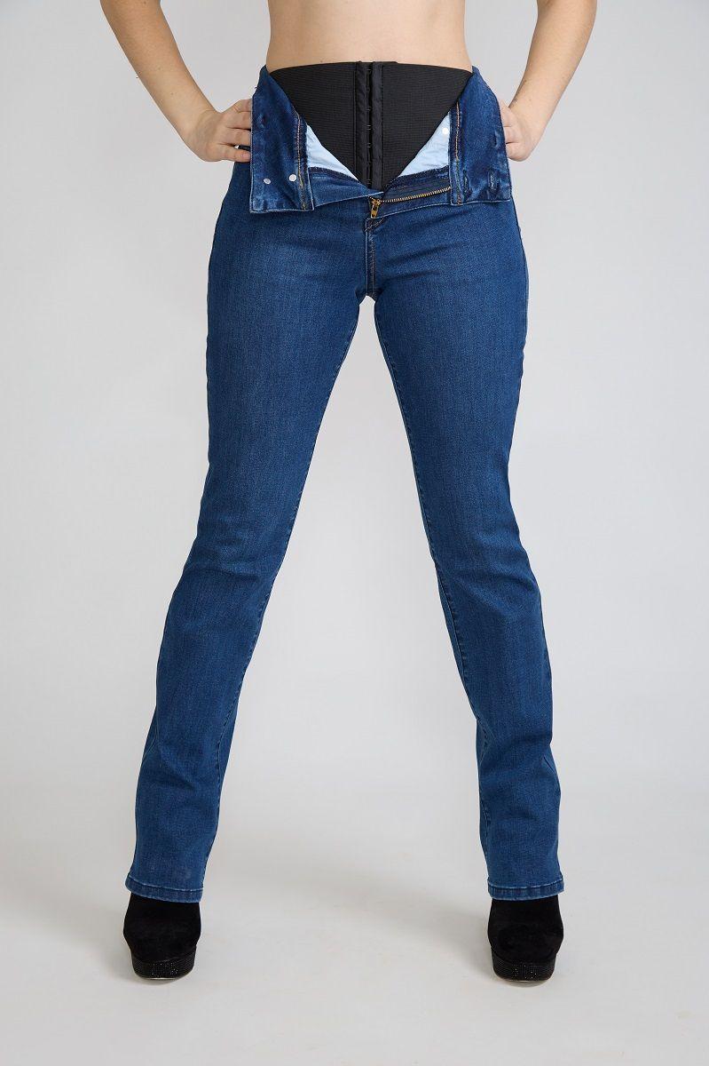 Jeans Recto Tiro Alto Con Faja Elasticada Interior Azul Tentation-2