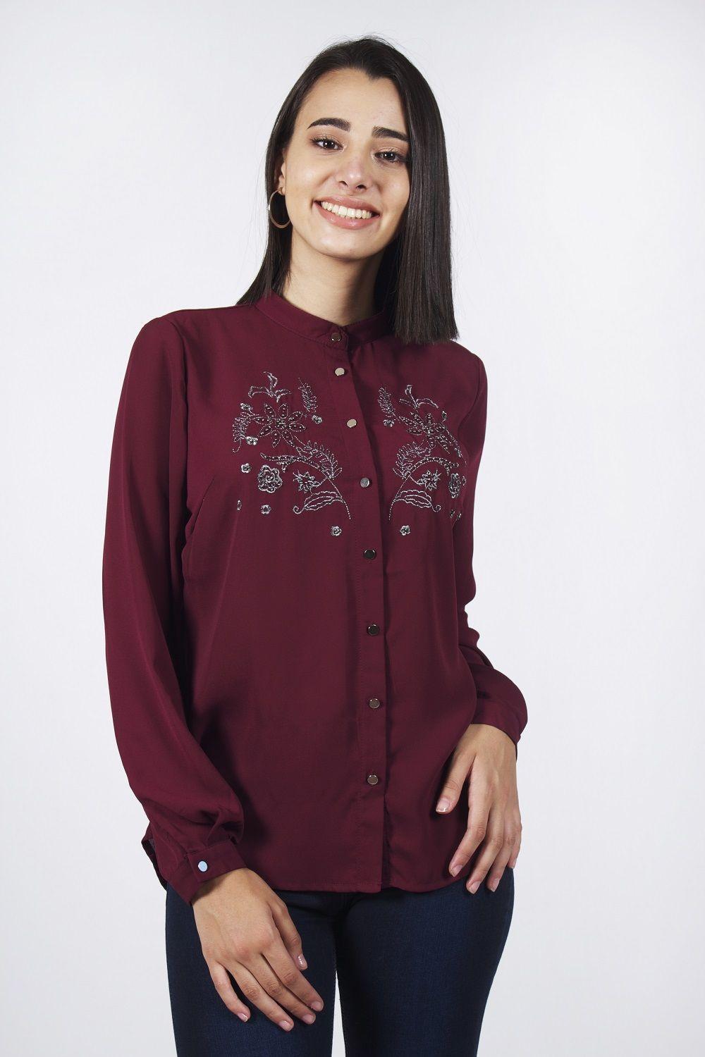 Blusa bordada cuello mao burdeo-0