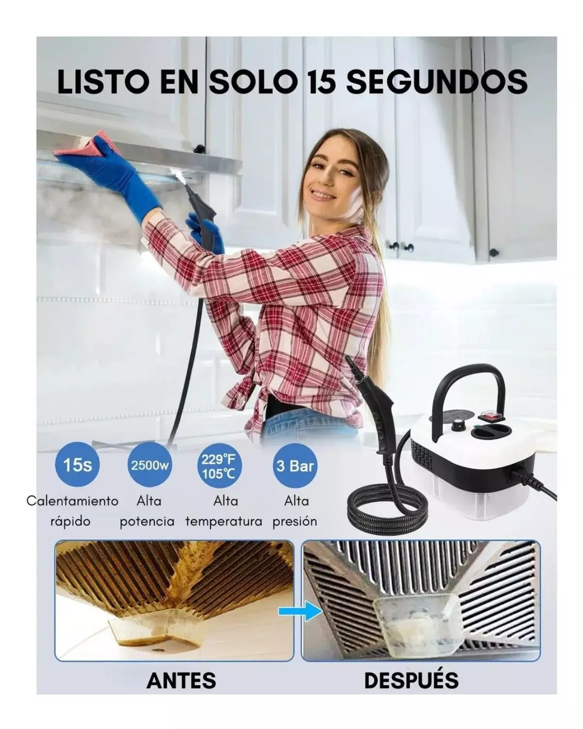 Maquina Vapor Limpiador Manual Alta Potencia Portátil 4 Pzs Color Blanco-2