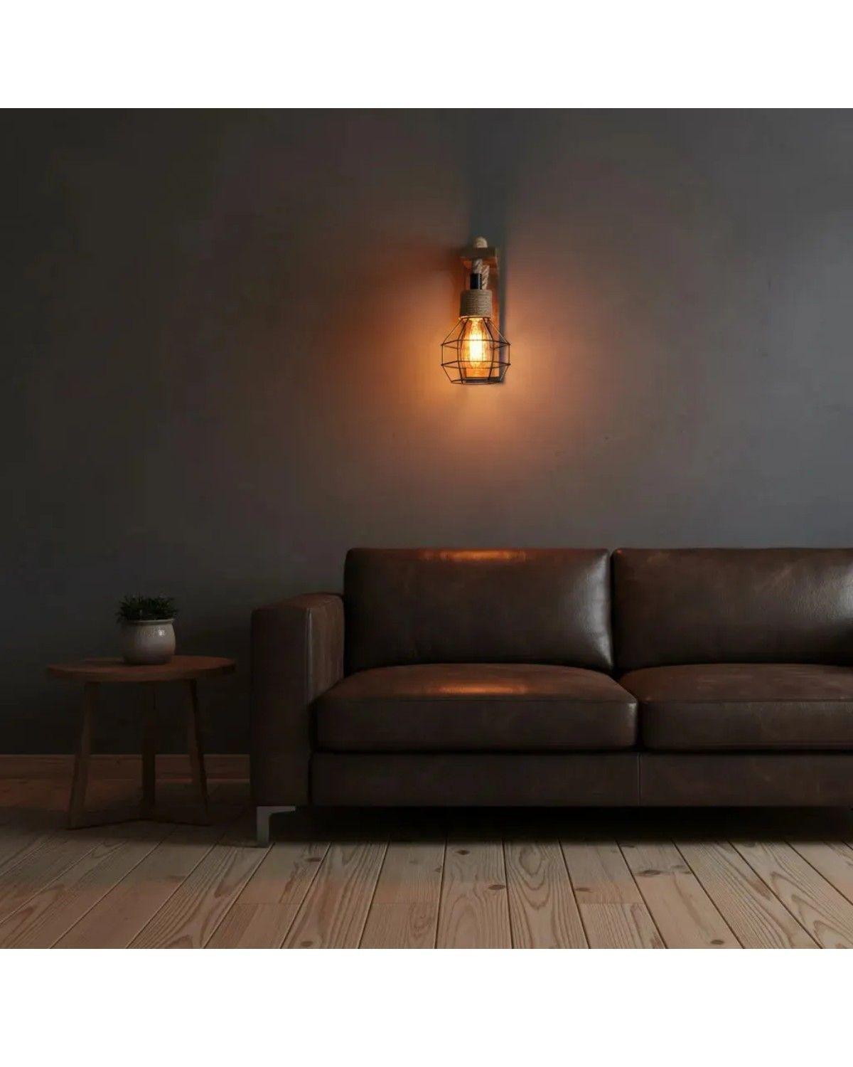 Lampara Colgante Vintage Rustica Jaula Madera Soga Yute Aplique Pared Focos Led Interior Decoracion -3