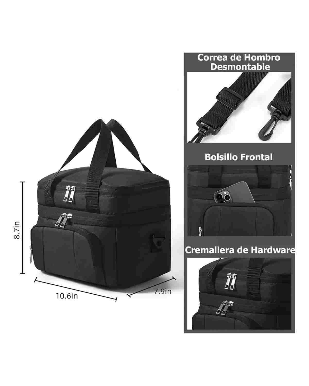 Lonchera Escolar Impermeable 10lgran Capacidad Y Bandolera Negro-1