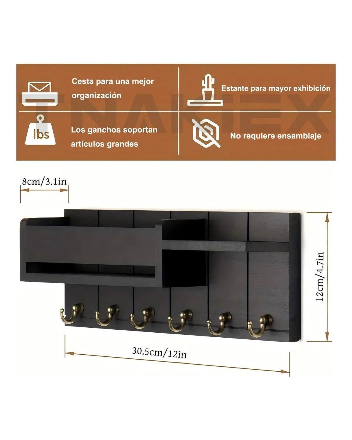 Portallaves Organizador Perchero Repisa Moderno De Pared Negro-3