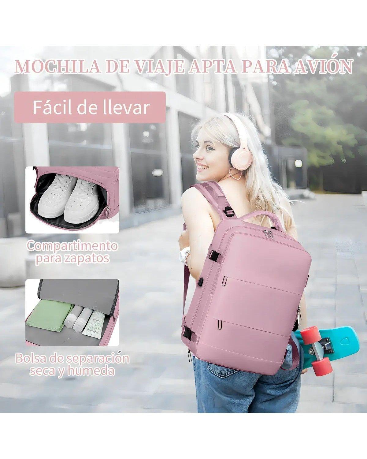 Mochila De Viaje Avión Aprobado Gran Capacidad Color Rosa Diseño De La Tela Lisa-3