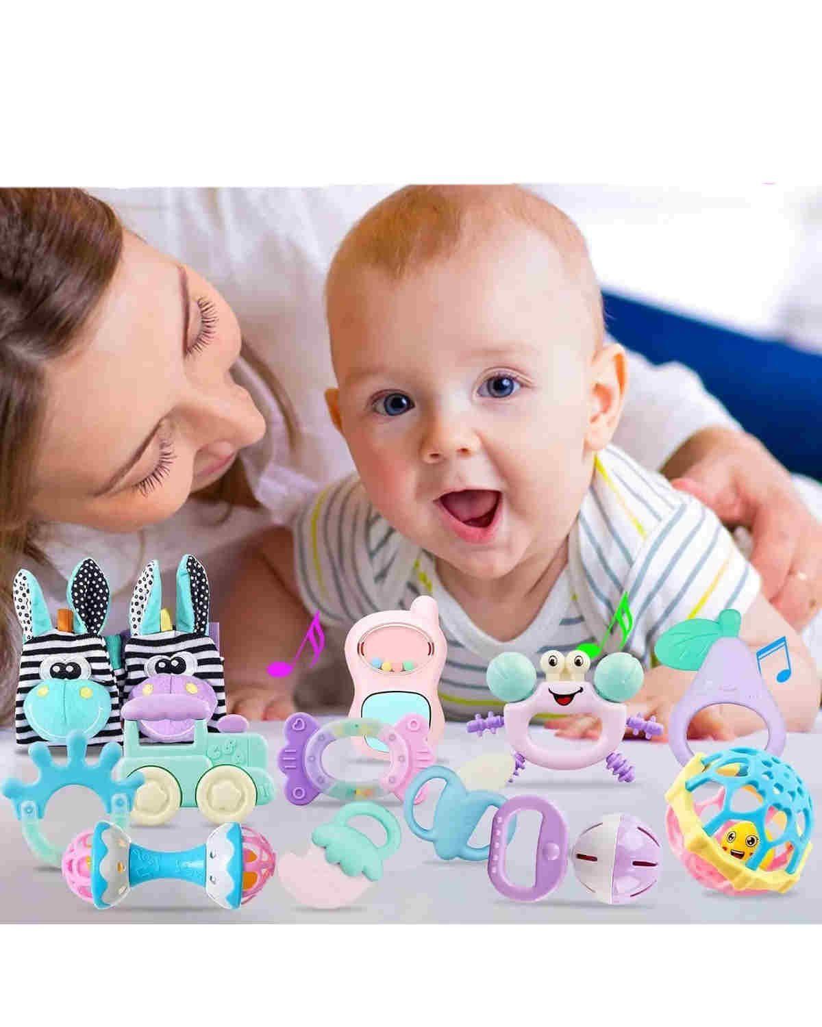 Set 15 Pzs Pelota - Sonajero - Mordedor Sensorial Bebé Color Claro Sonajero-2