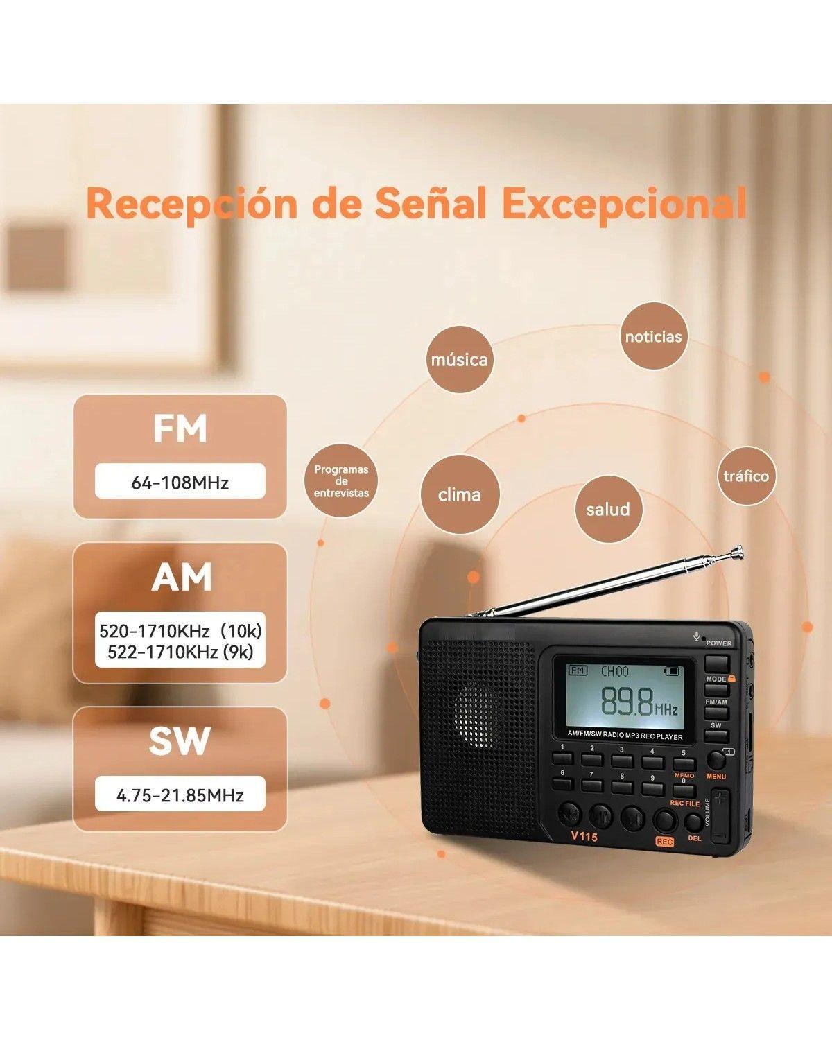 V115 Radio AM FM Portátil con Batería Recargable,SW Radio de Onda Corta-2