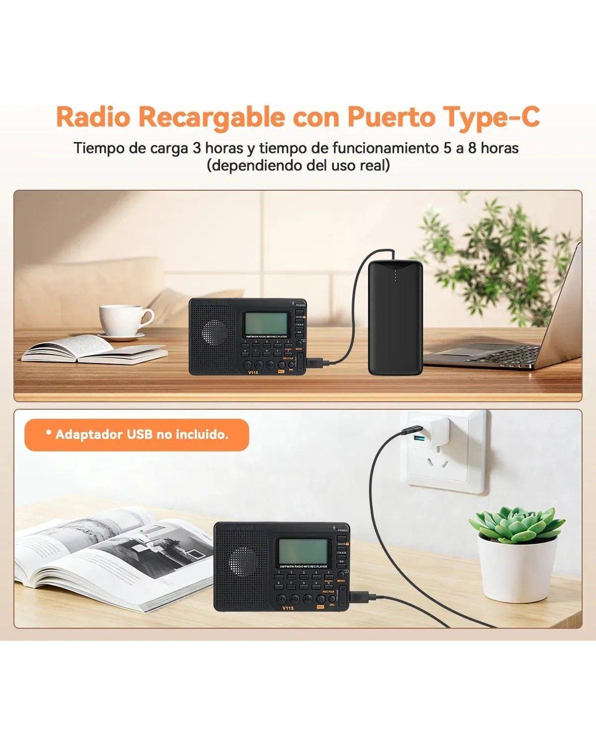 V115 Radio AM FM Portátil con Batería Recargable,SW Radio de Onda Corta-3