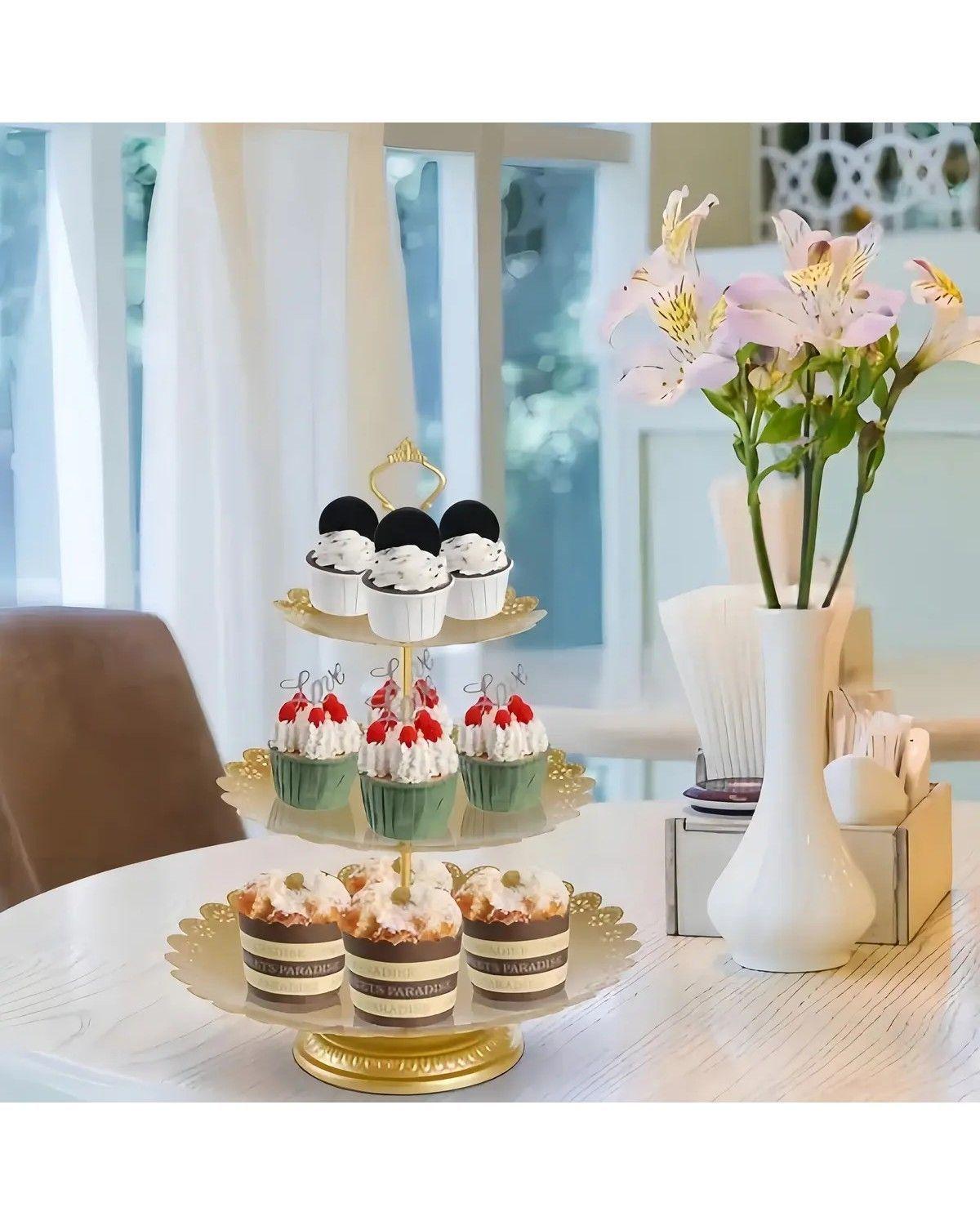 Soporte Para Tortas Y Cupcakes De Metal Dorado Floreado Set X10-2