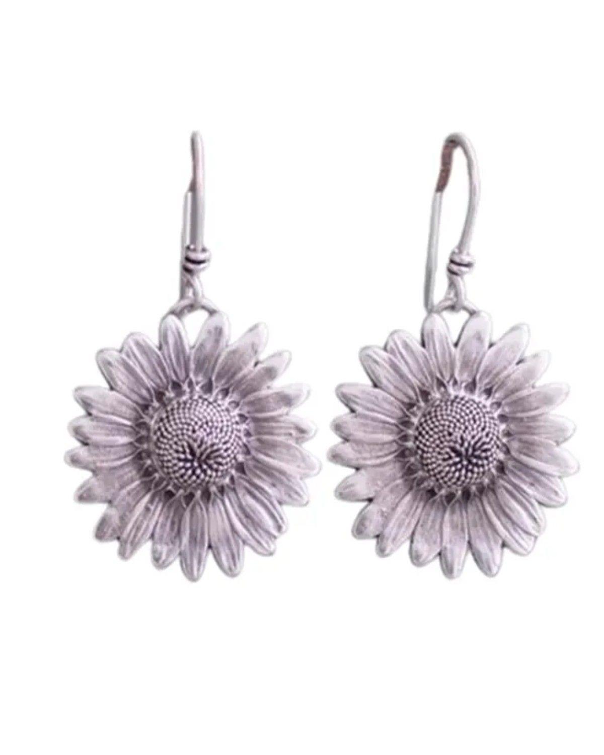 Aros Plateados Forma Girasol - Pendientes Femenino De Flor-0