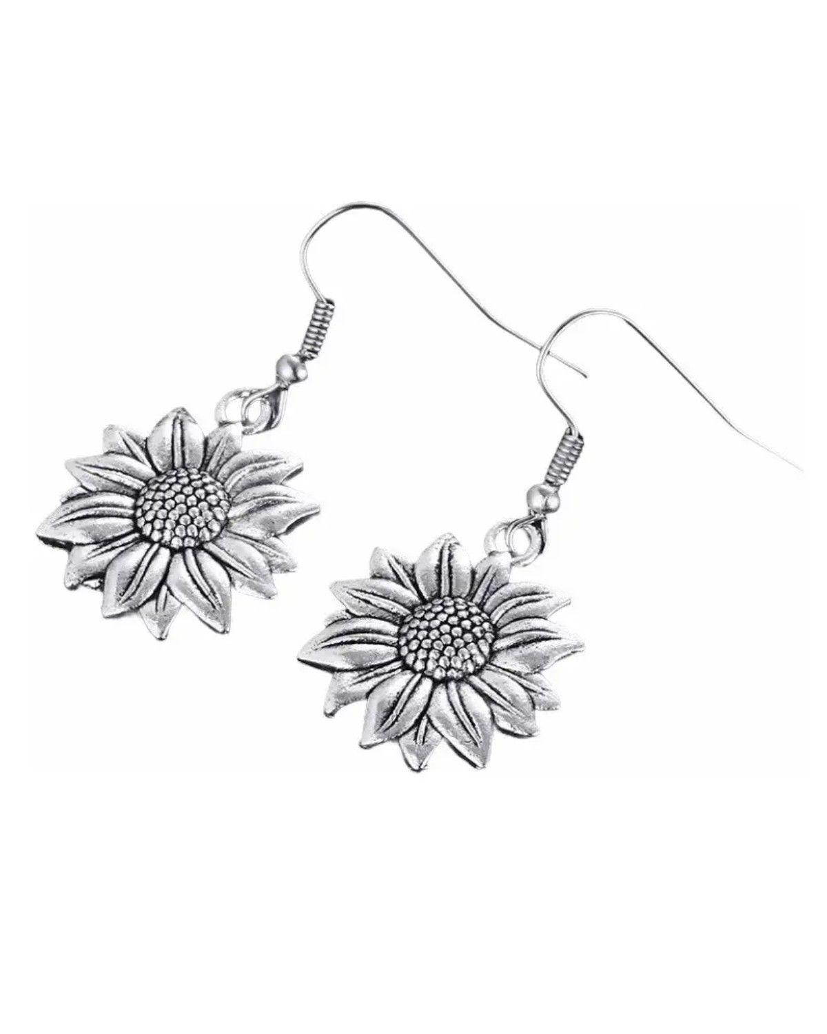 Aros Plateados Forma Girasol - Pendientes Femenino De Flor-1