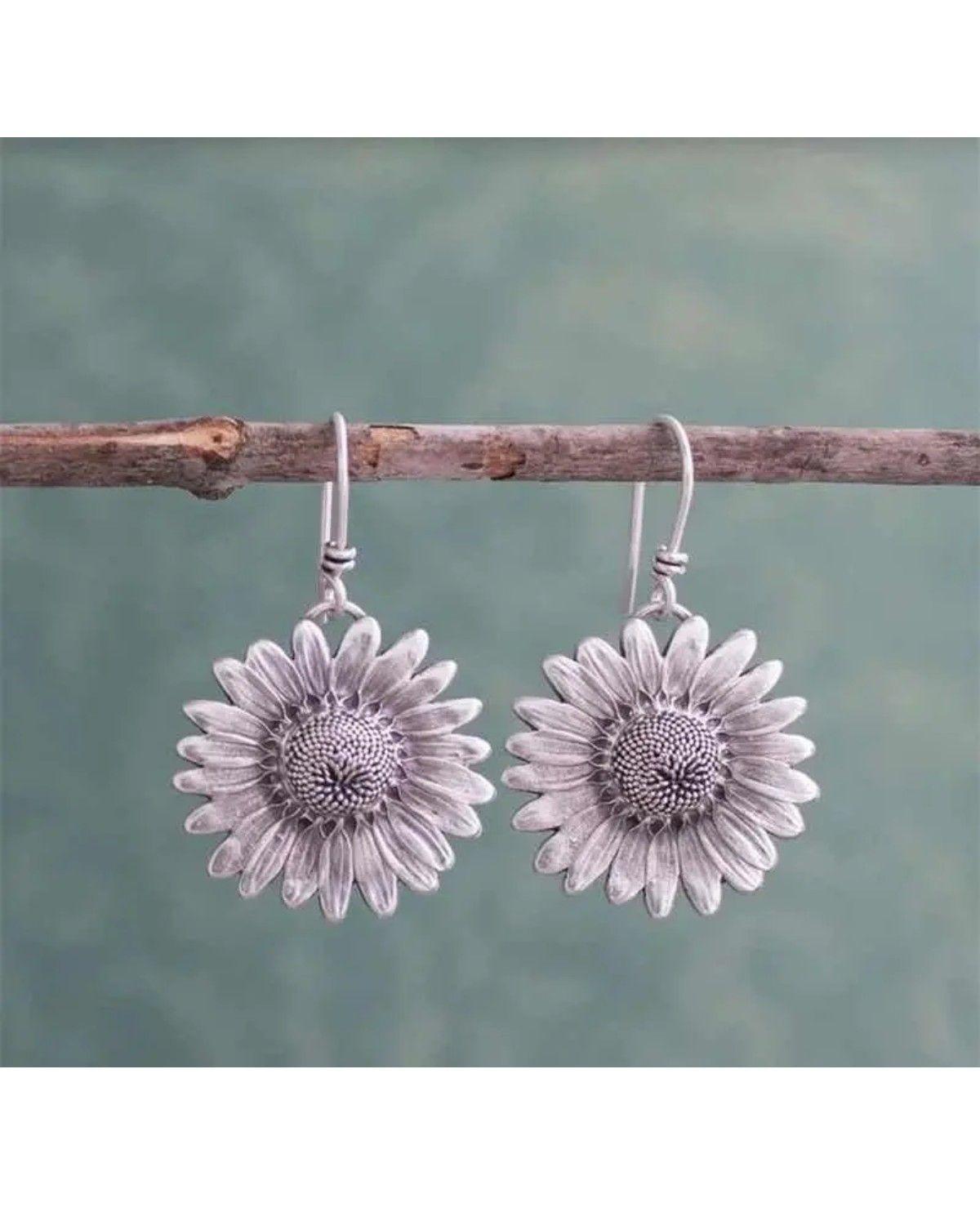 Aros Plateados Forma Girasol - Pendientes Femenino De Flor-2