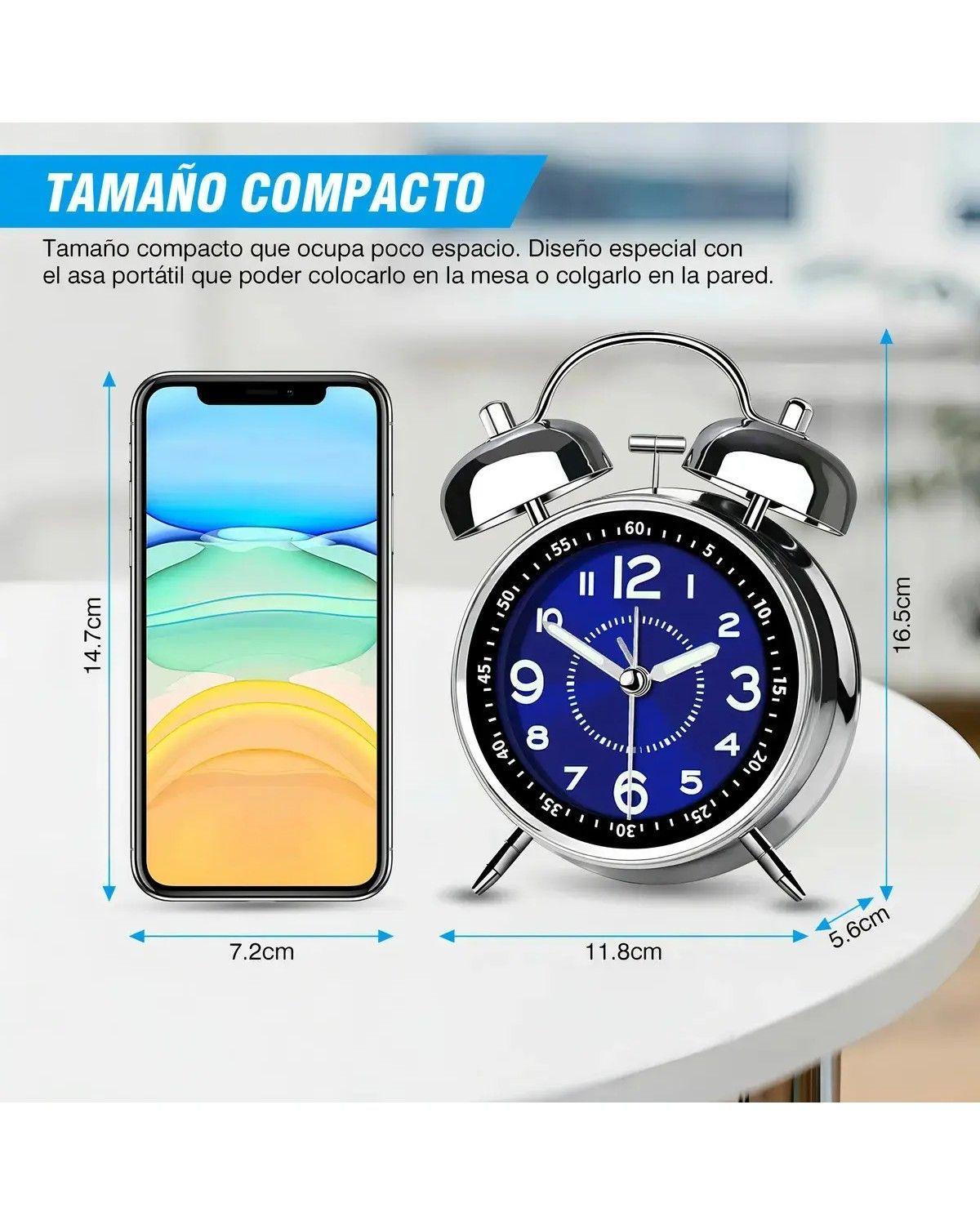 Reloj Despertador Luz Nocturna, De Campana Bimetálica-1