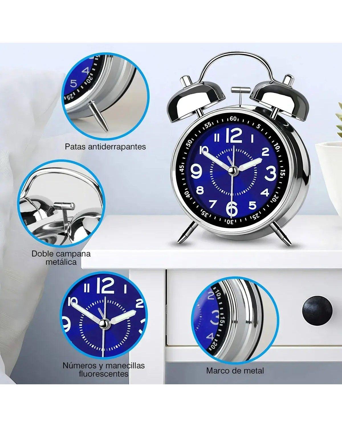 Reloj Despertador Luz Nocturna, De Campana Bimetálica-3