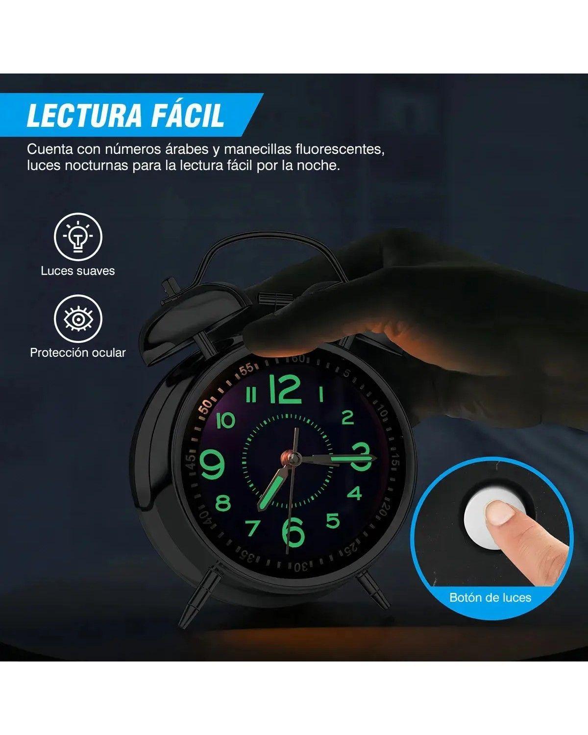 Reloj Despertador Luz Nocturna, De Campana Bimetálica-4