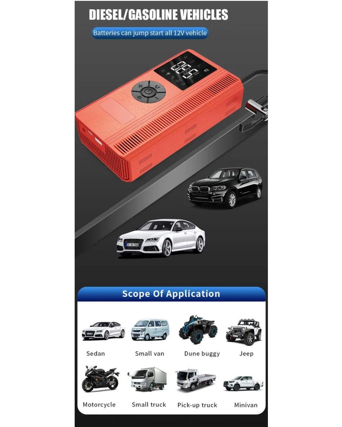 Arrancador 9000mAh Con Compresor 150PSI 6000A Para Coche Y Emergencias-2