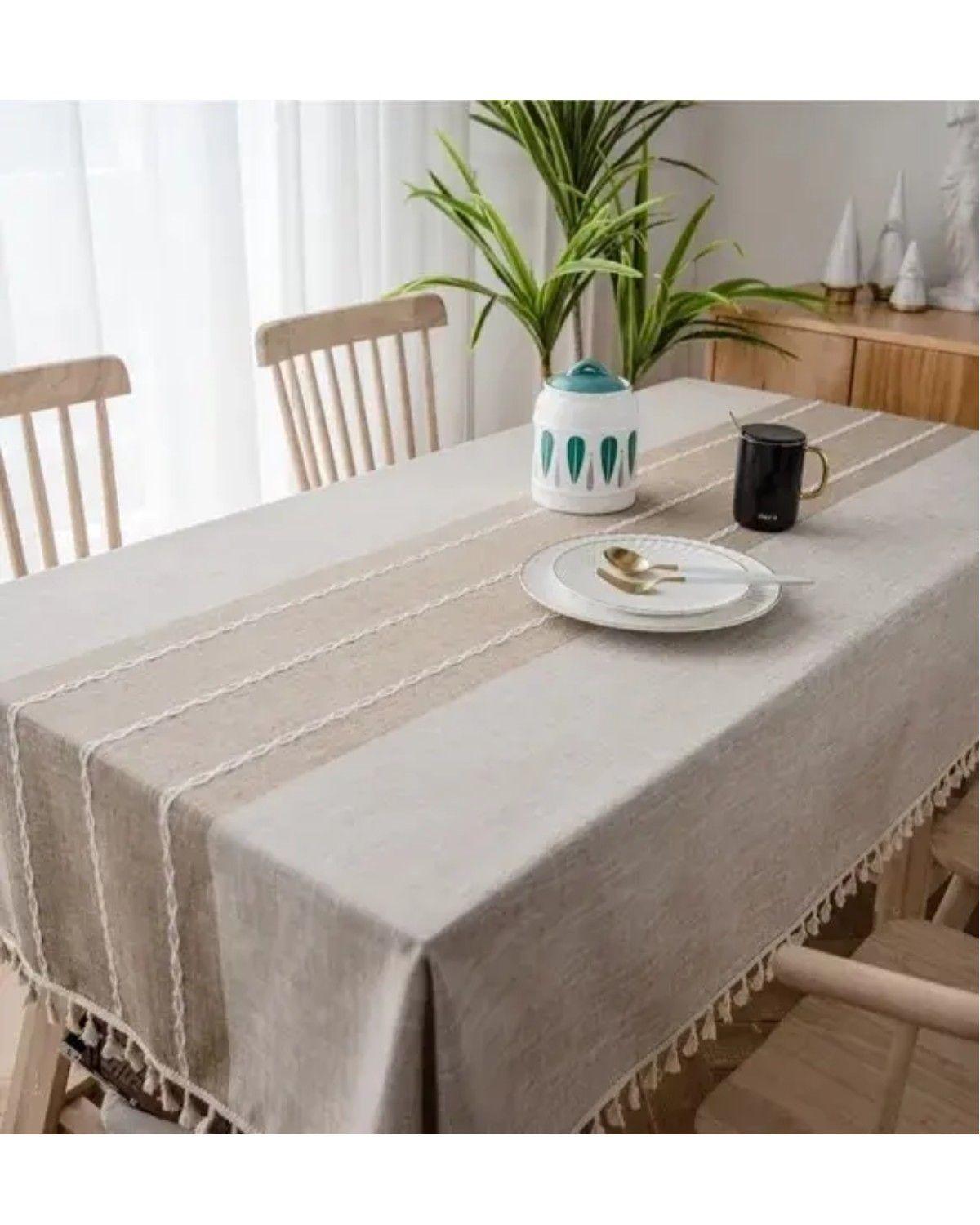 Mantel Rectangular de Algodón con Borlas y Diseño de Rayas Beige-2