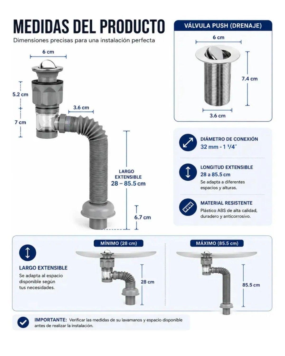Sifón Flexible Extensible Universal para Lavabo con Trampa Antiodor y Doble Conexión-2