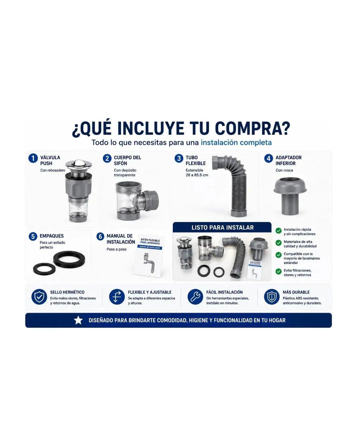 Sifón Flexible Extensible Universal para Lavabo con Trampa Antiodor y Doble Conexión-3