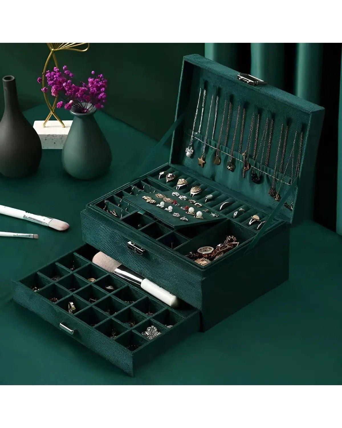Maletin Joyero 3 Niveles Organizador De Joyas Verde-2