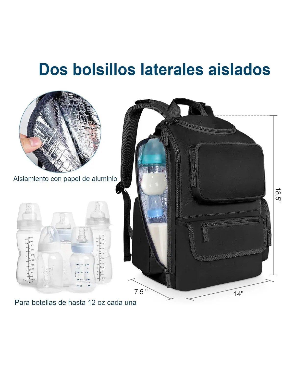 Mochila Pañalera Impermeable con Bolsillos Térmicos y Organizador, Negra-2