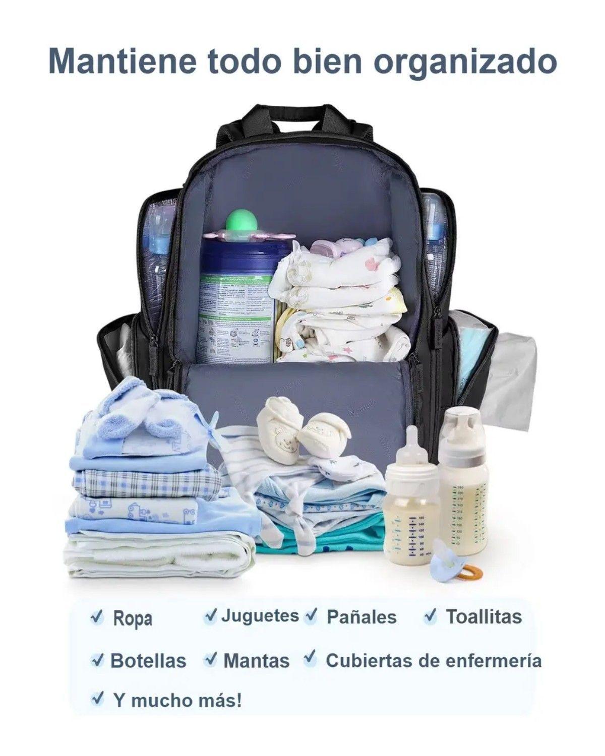 Mochila Pañalera Impermeable con Bolsillos Térmicos y Organizador, Negra-3