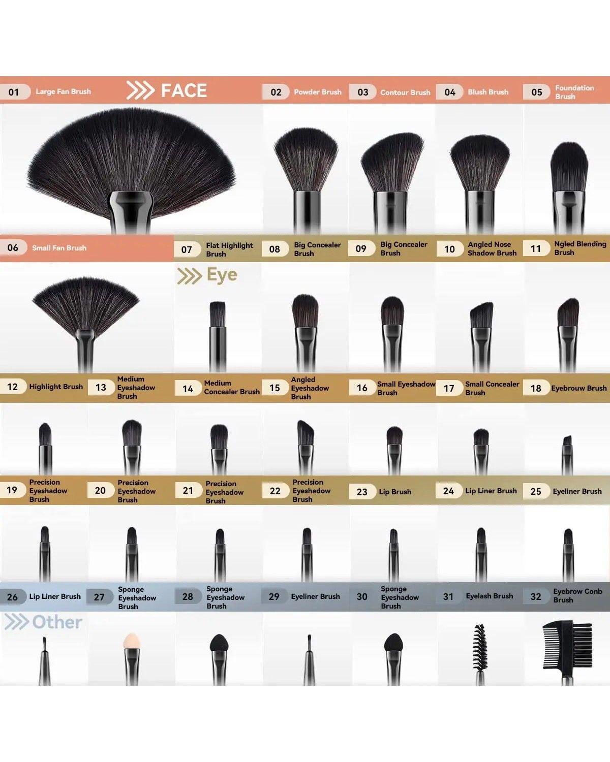 Set 32 Pinceles Y Brochas Maquillaje + Bolso Organizador Color Negro-4