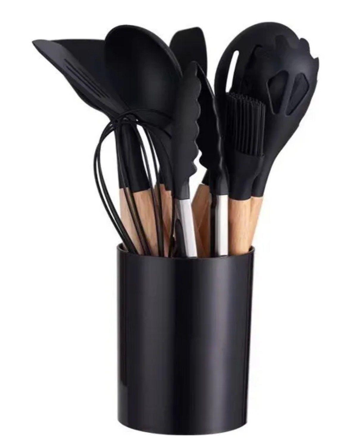 Set 11 De Cocina Antiadherentes De Silicona + Almacenamiento Negro-1