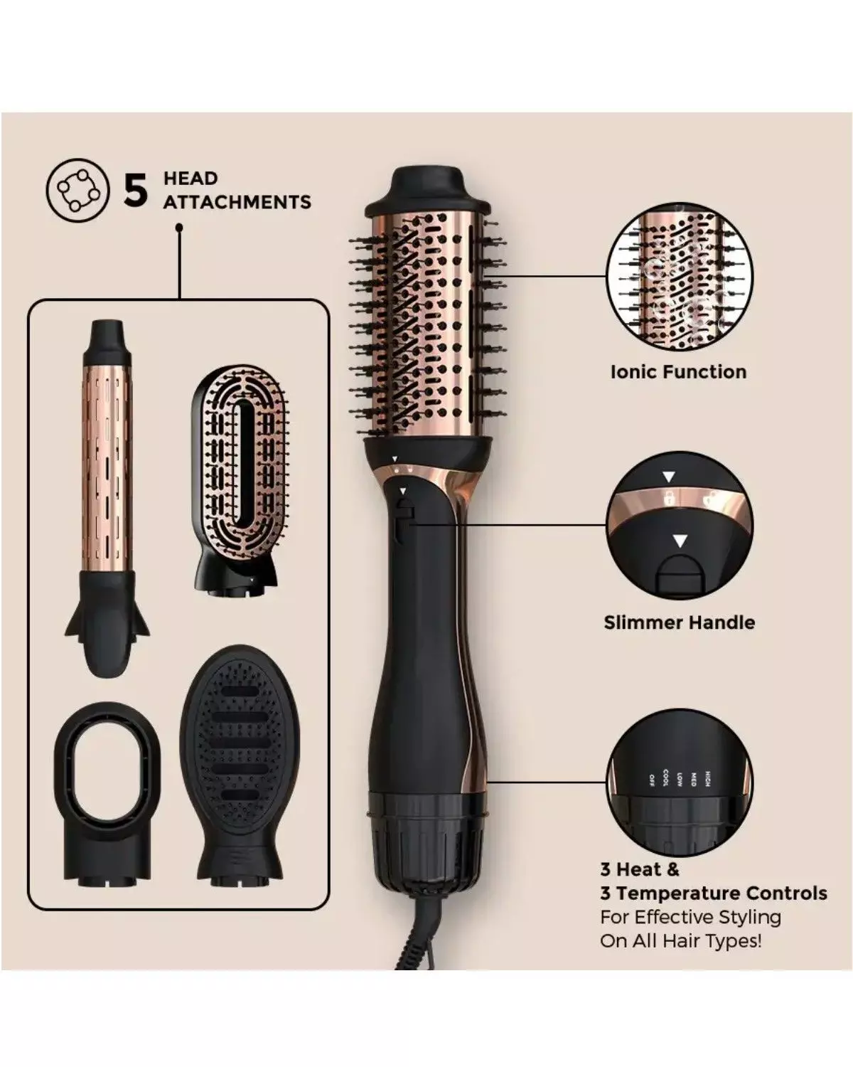 5 En 1 multifunción cepillo secador peinado modelador color negro-3