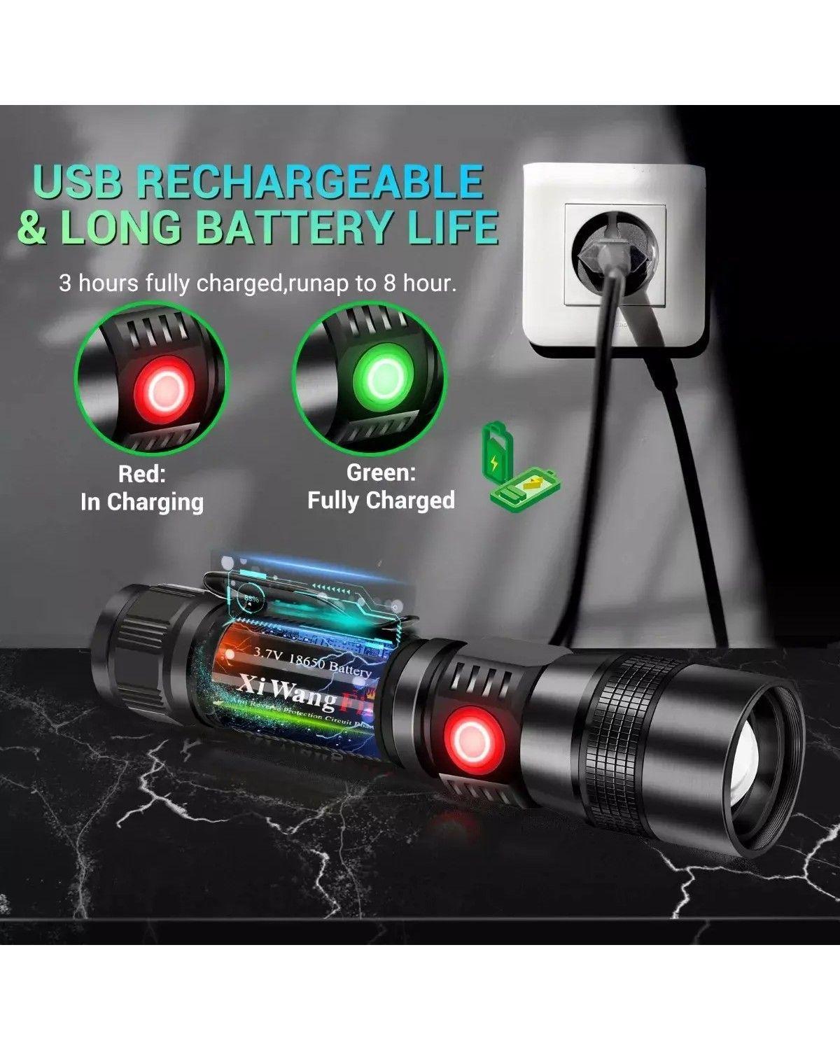 Linterna Táctica Recargable LED 1600 Lúmenes Zoom USB IPX4 Luz Negra Roja-2