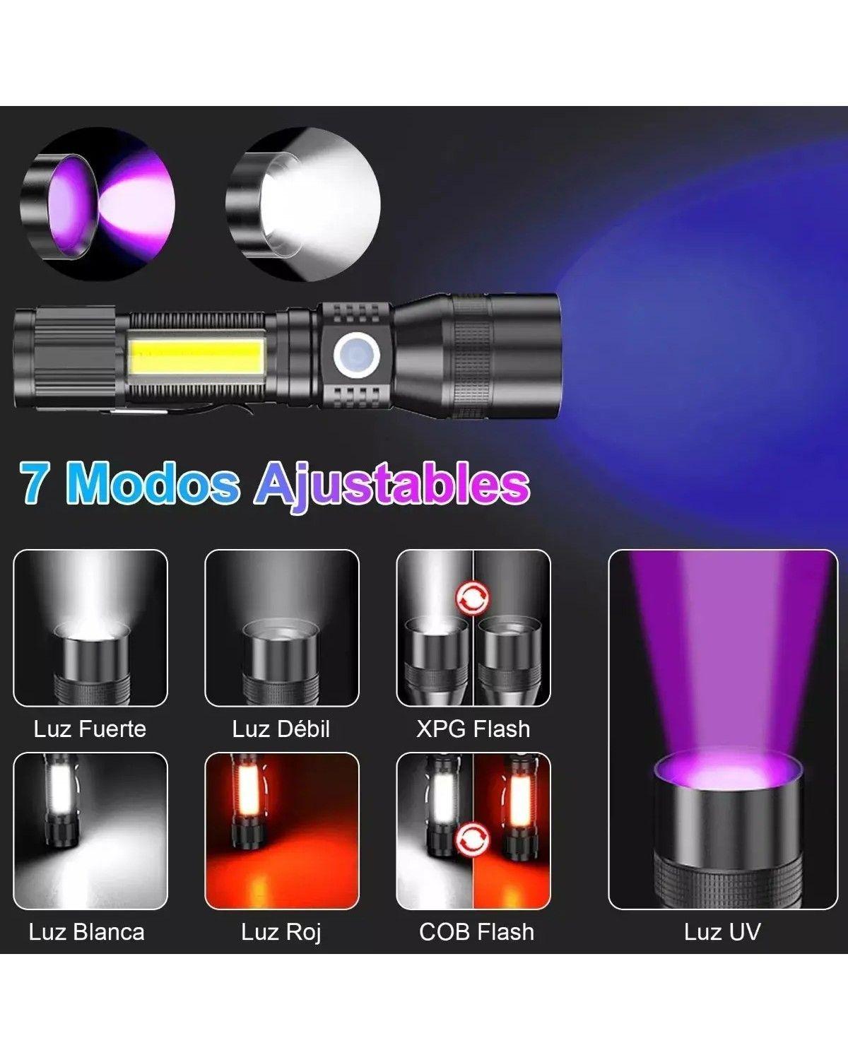 Linterna Táctica Recargable LED 1600 Lúmenes Zoom USB IPX4 Luz Negra Roja-3