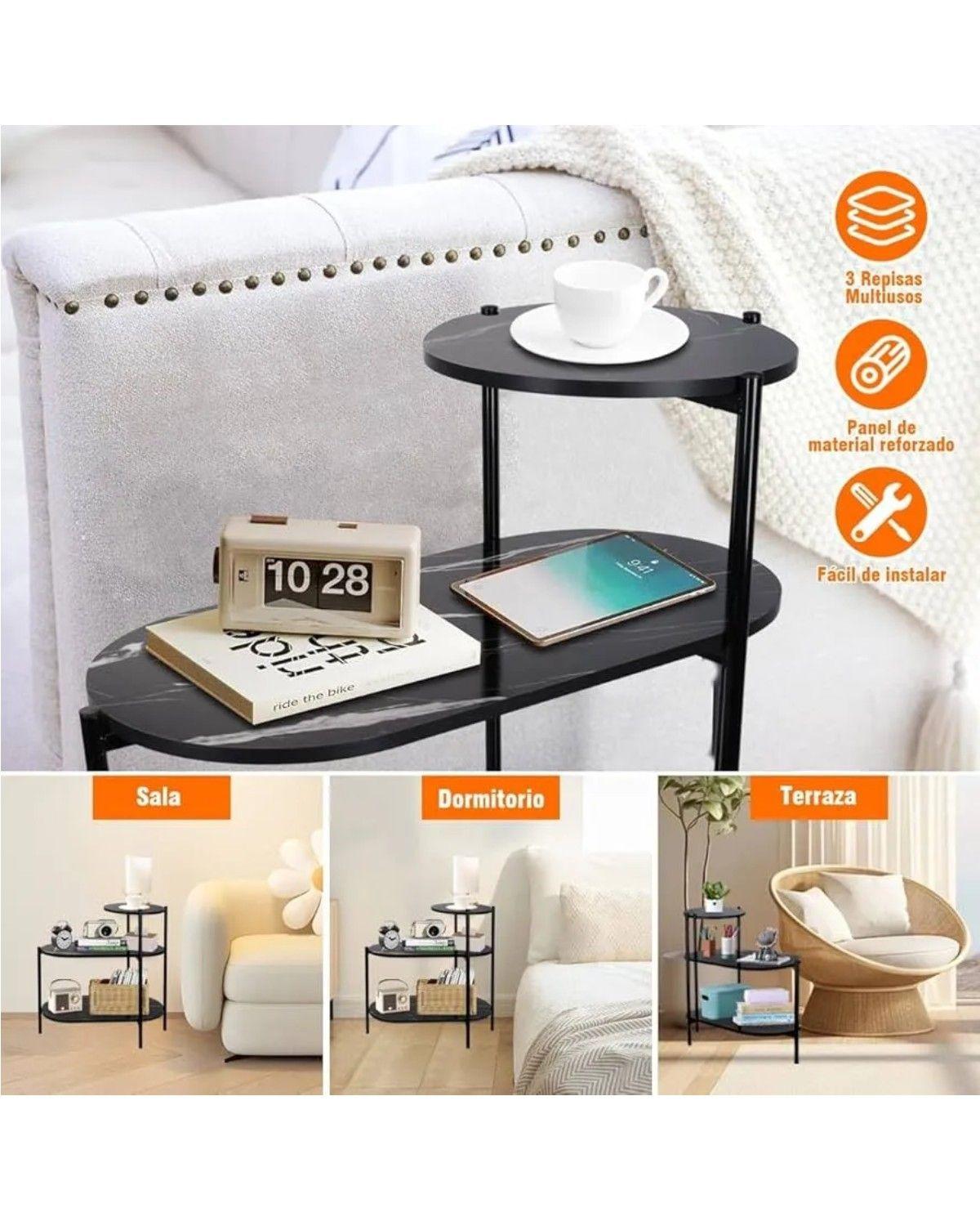 Mesa De Centro 3 Niveles Decorativa Ovalada Color Gris Oscur-2