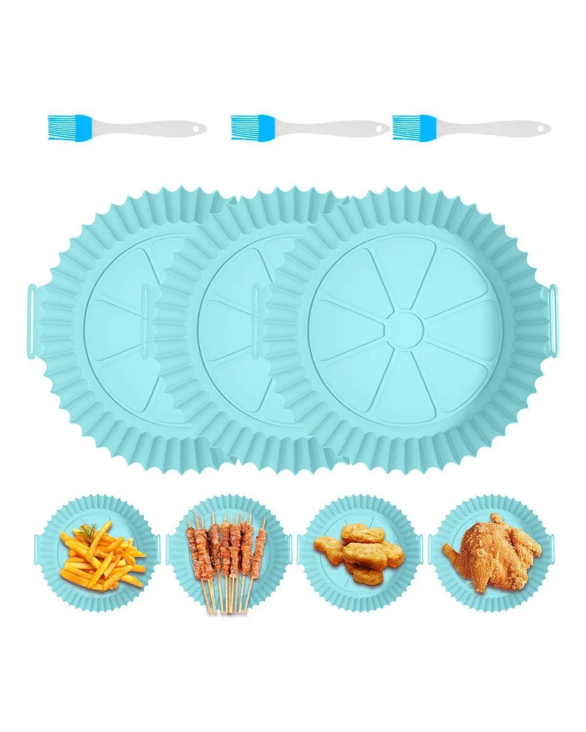 Pack de 3 Bandejas Redondas de Silicona para Freidora de Aire, Celeste-0