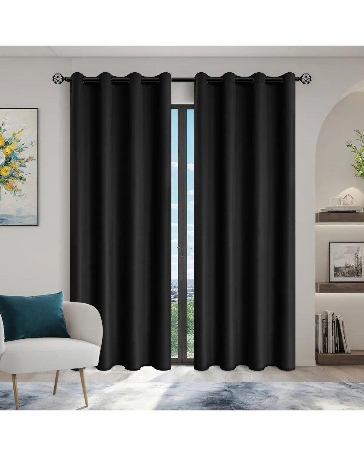 2 Paños Cortinas Blackout Engomada Tela Fresca NEGRO -1